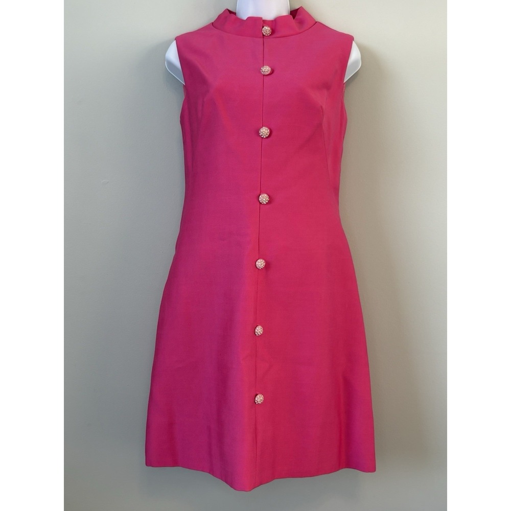 Vintage Fuchsia Pink Sleeveless Dress Mock Neck with Rhinestone Buttons Size 10